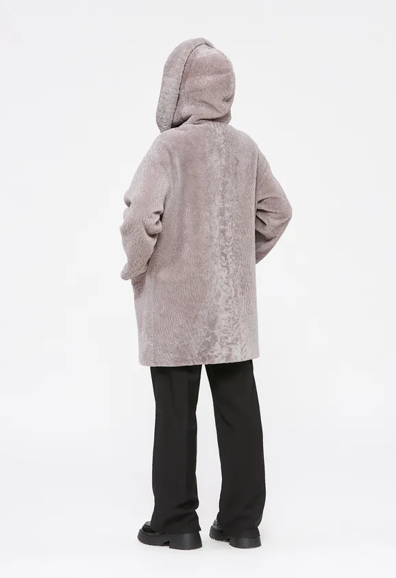 Фото Шуба из натурального астрагана керли лаванда с капюшоном - 5