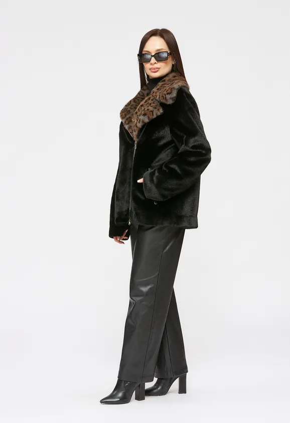 Фото Шуба-косуха из эко норки черная с леопардом - 9