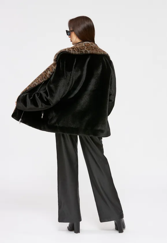 Фото Шуба-косуха из эко норки черная с леопардом - 3