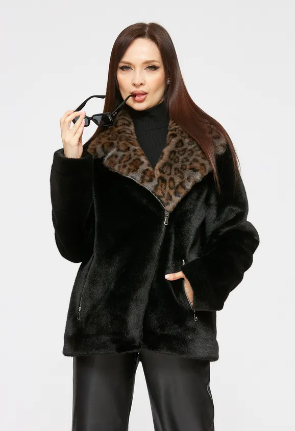 Фото Шуба-косуха из эко норки черная с леопардом - 10