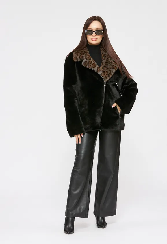 Фото Шуба-косуха из эко норки черная с леопардом - 2