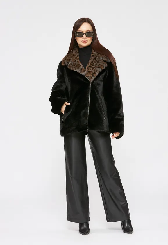 Фото Шуба-косуха из эко норки черная с леопардом - 8