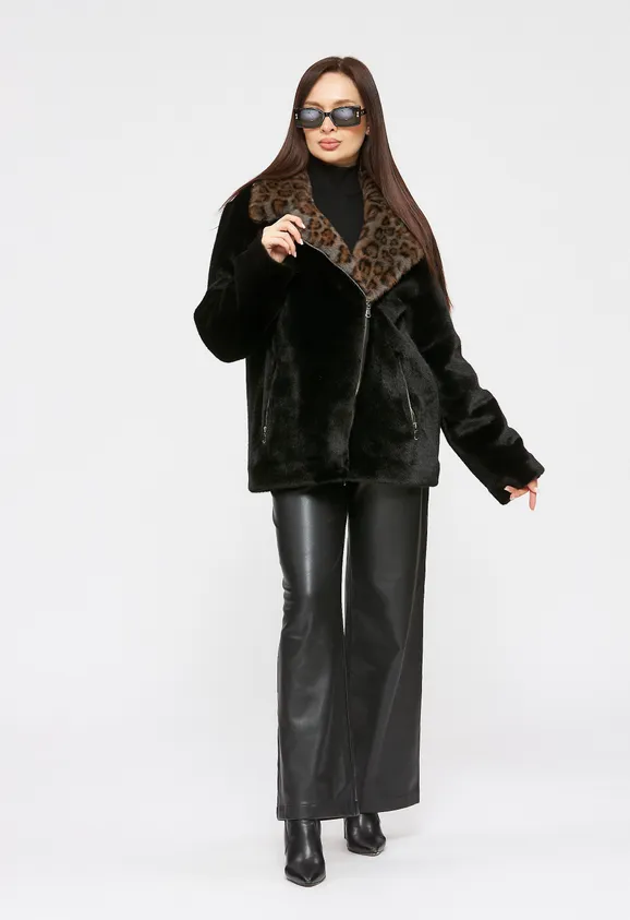 Фото Шуба-косуха из эко норки черная с леопардом - 5