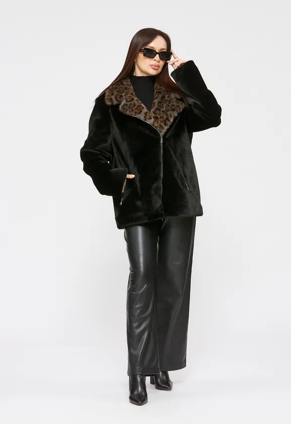 Фото Шуба-косуха из эко норки черная с леопардом - 1