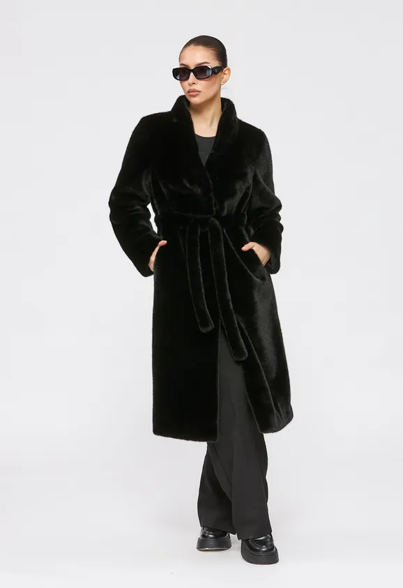 Фото Шуба из эко норки черная с воротником стойка - 6