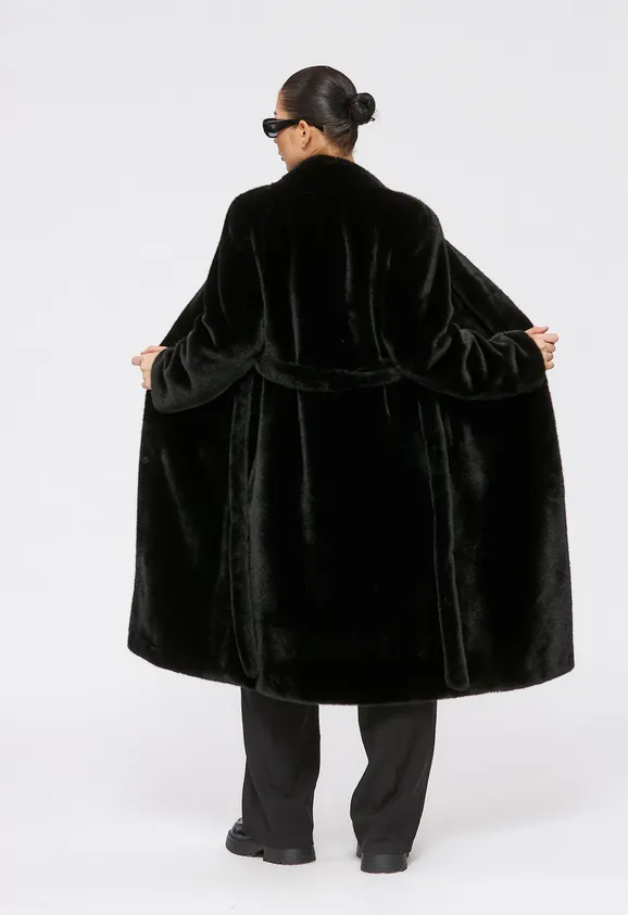 Фото Шуба из эко норки черная с воротником стойка - 7