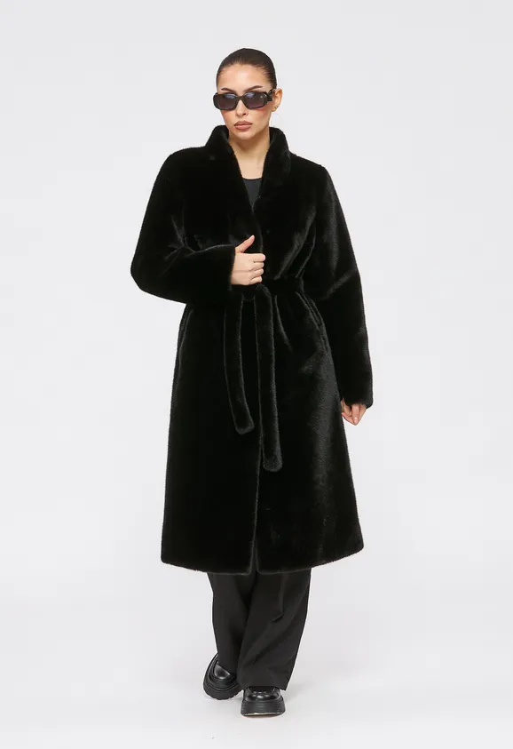 Фото Шуба из эко норки черная с воротником стойка - 9