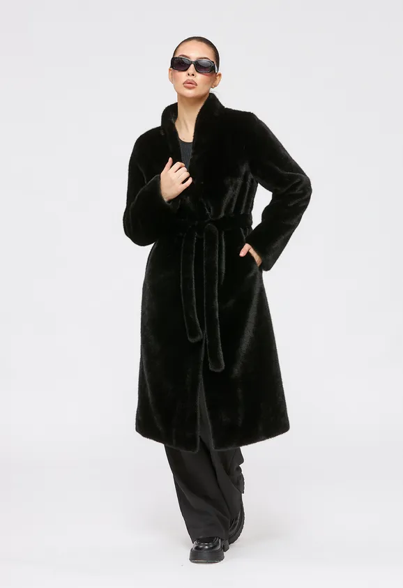 Фото Шуба из эко норки черная с воротником стойка - 2