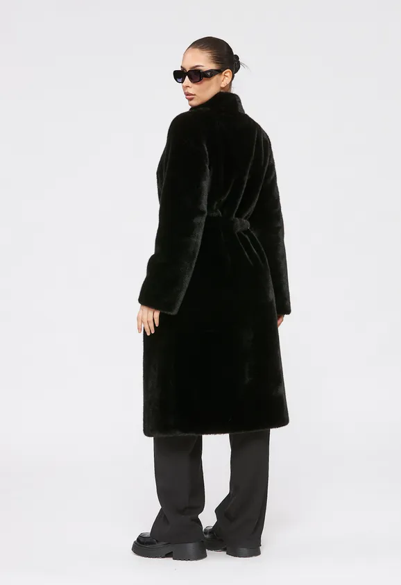 Фото Шуба из эко норки черная с воротником стойка - 8