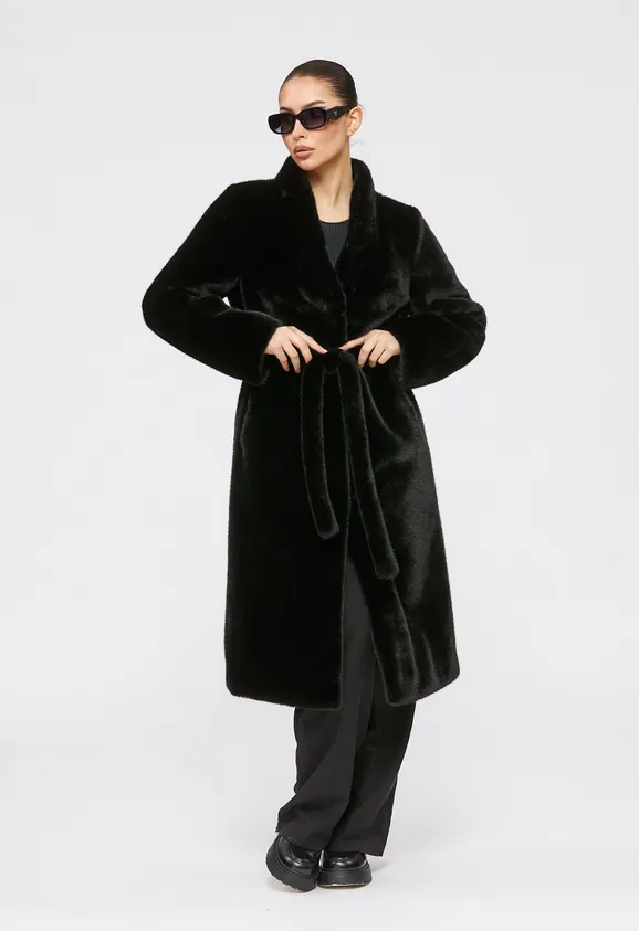 Фото Шуба из эко норки черная с воротником стойка - 1