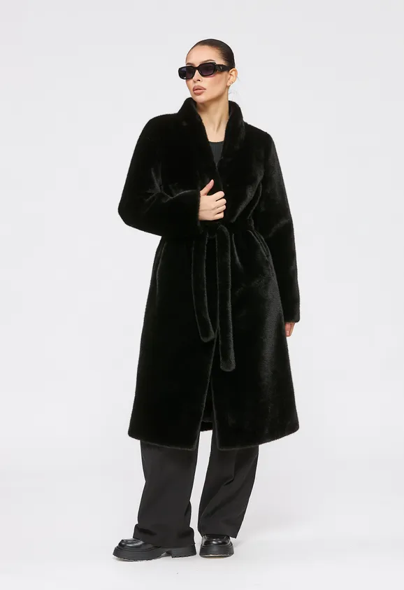 Фото Шуба из эко норки черная с воротником стойка - 4