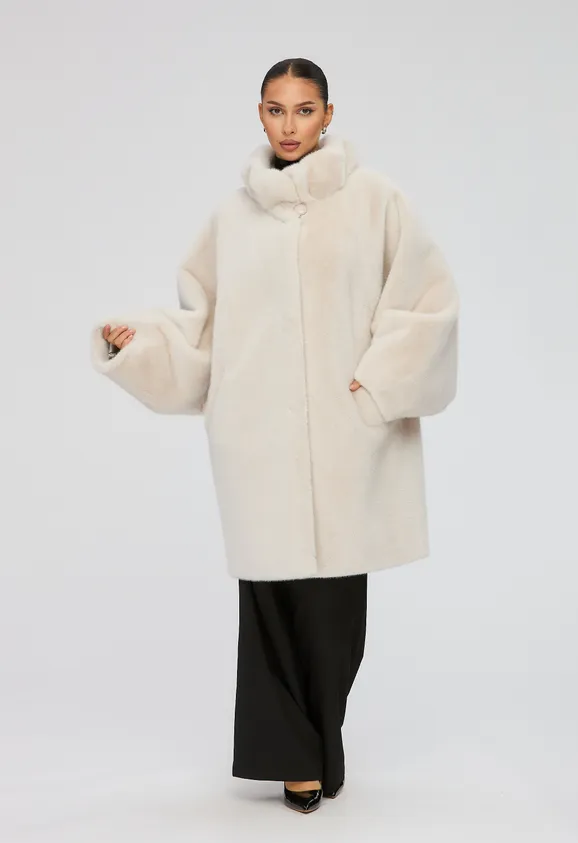 Фото Шуба из эко норки жемчуг с воротником стойка - 3