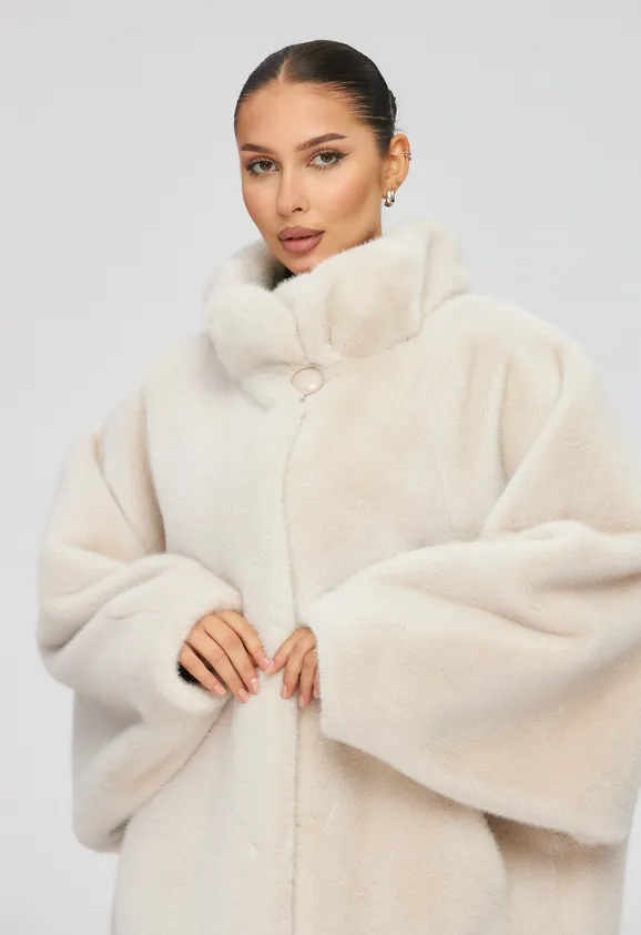 Фото Шуба из эко норки жемчуг с воротником стойка - 4