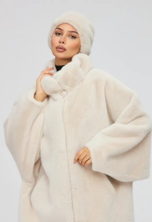 Фото Шуба из эко норки жемчуг с воротником стойка - 1