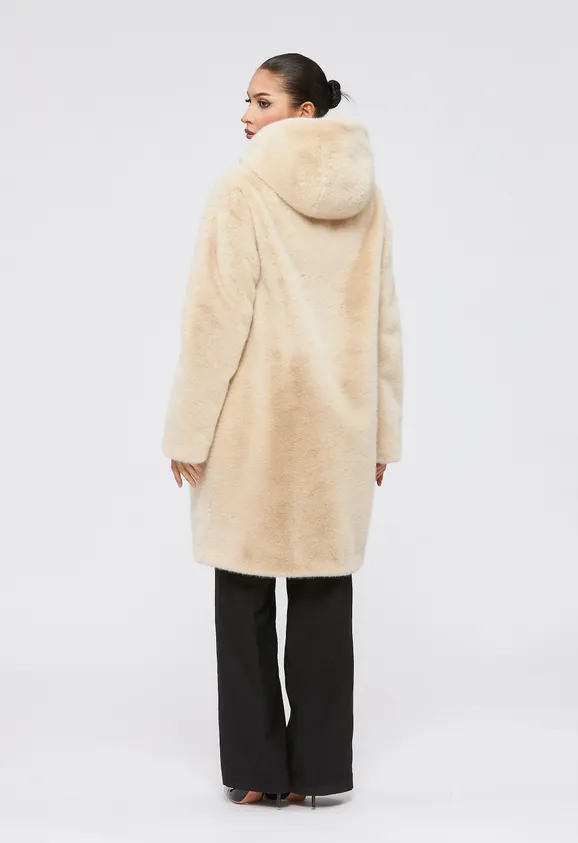 Фото Шуба из эко норки бежевая с капюшоном - 7