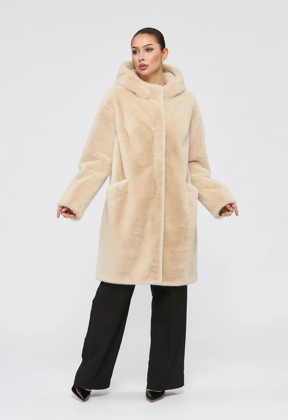 Фото Шуба из эко норки бежевая с капюшоном - 3