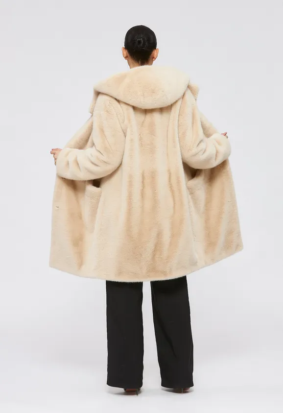 Фото Шуба из эко норки бежевая с капюшоном - 8