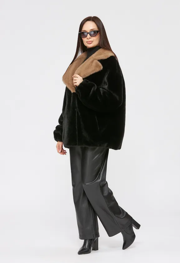 Фото Шуба из эко норки черная с английским воротником - 6