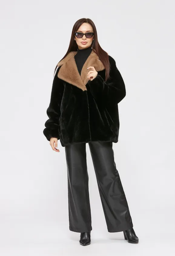 Фото Шуба из эко норки черная с английским воротником - 4