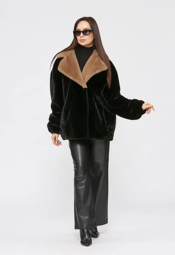 Фото Шуба из эко норки черная с английским воротником - 5