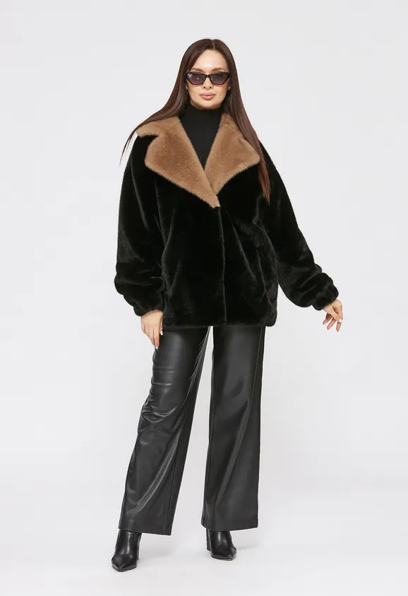 Фото Шуба из эко норки черная с английским воротником - 2