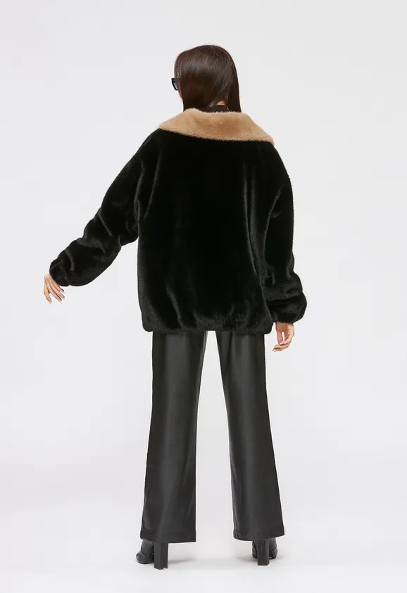 Фото Шуба из эко норки черная с английским воротником - 8