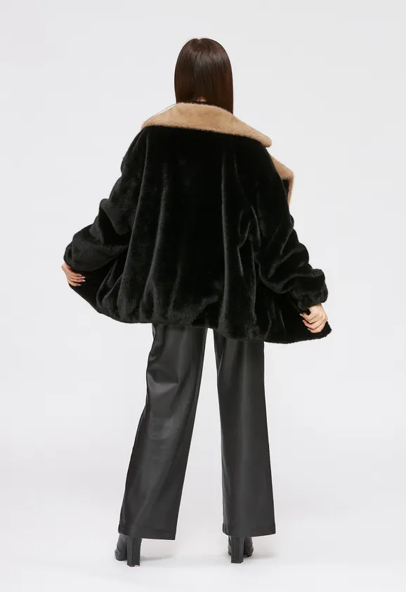 Фото Шуба из эко норки черная с английским воротником - 9
