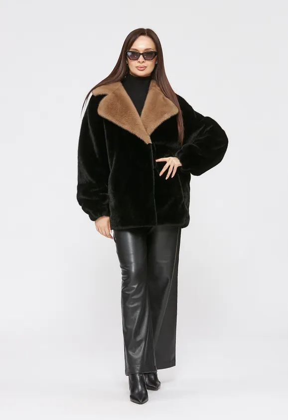 Фото Шуба из эко норки черная с английским воротником - 1