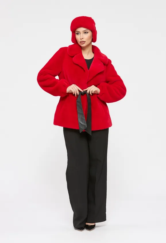 Фото Шуба из эко норки красная с английским воротником - 4