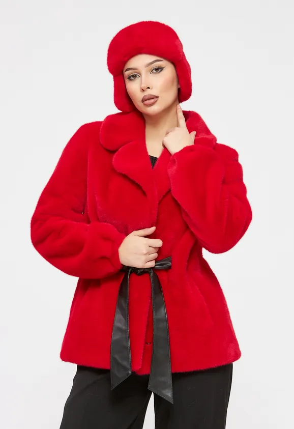Фото Шуба из эко норки красная с английским воротником - 7