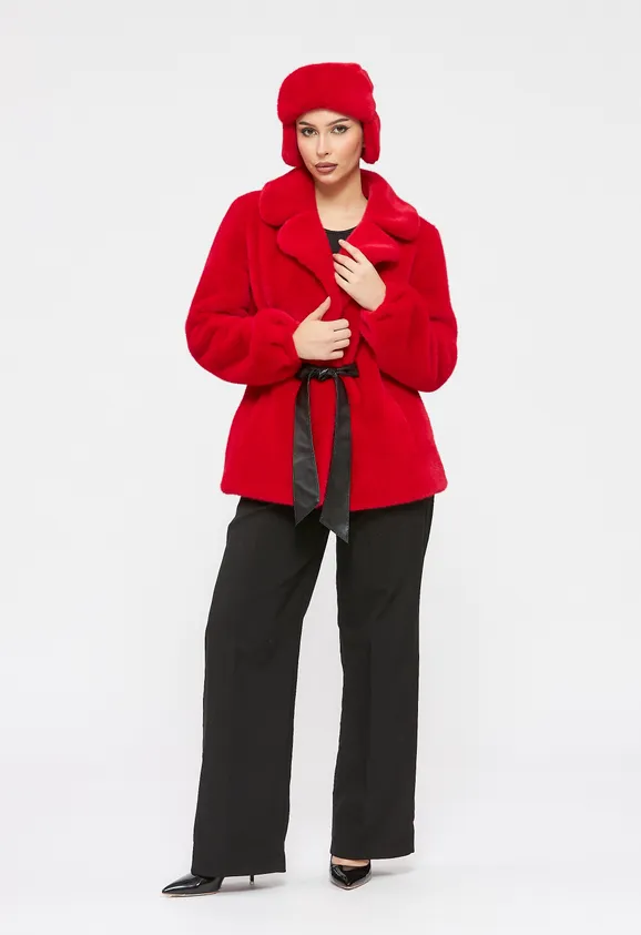 Фото Шуба из эко норки красная с английским воротником - 9