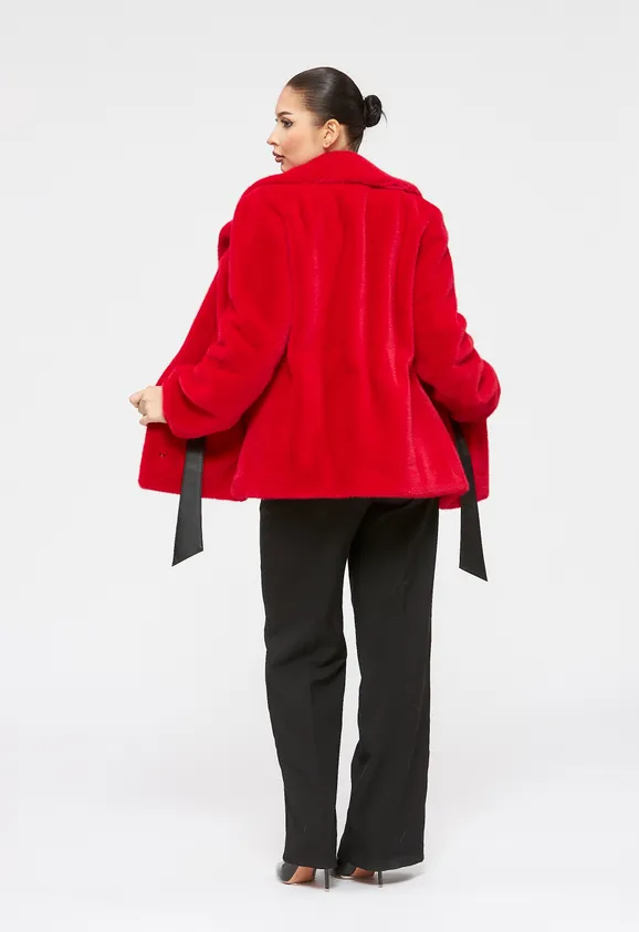 Фото Шуба из эко норки красная с английским воротником - 5