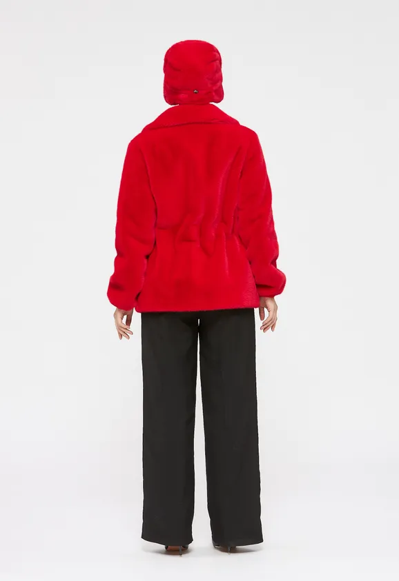 Фото Шуба из эко норки красная с английским воротником - 6