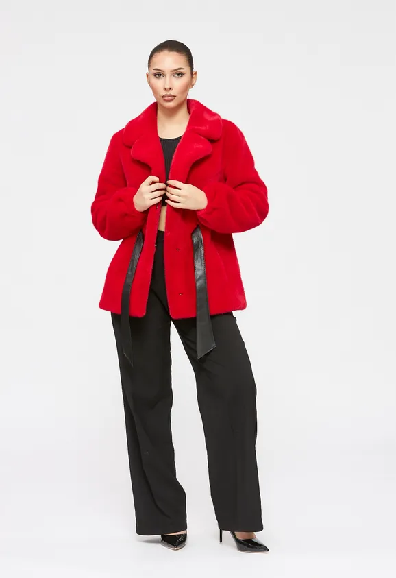Фото Шуба из эко норки красная с английским воротником - 2