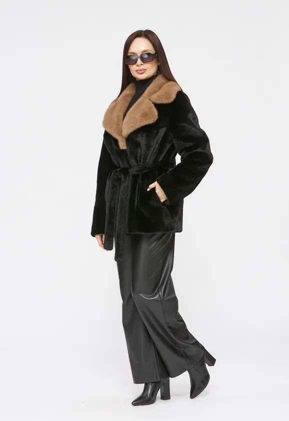 Фото Шуба из эко норки черная с английским воротником - 7