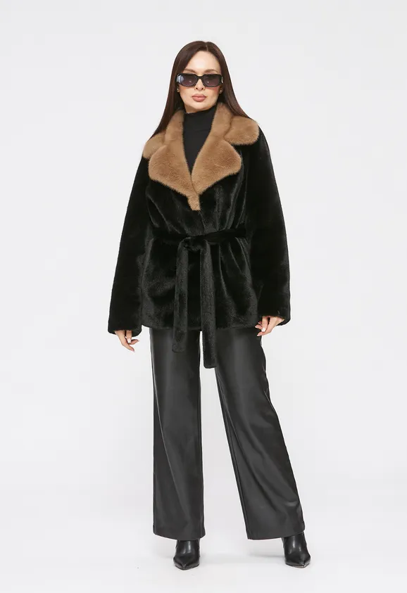 Фото Шуба из эко норки черная с английским воротником - 3