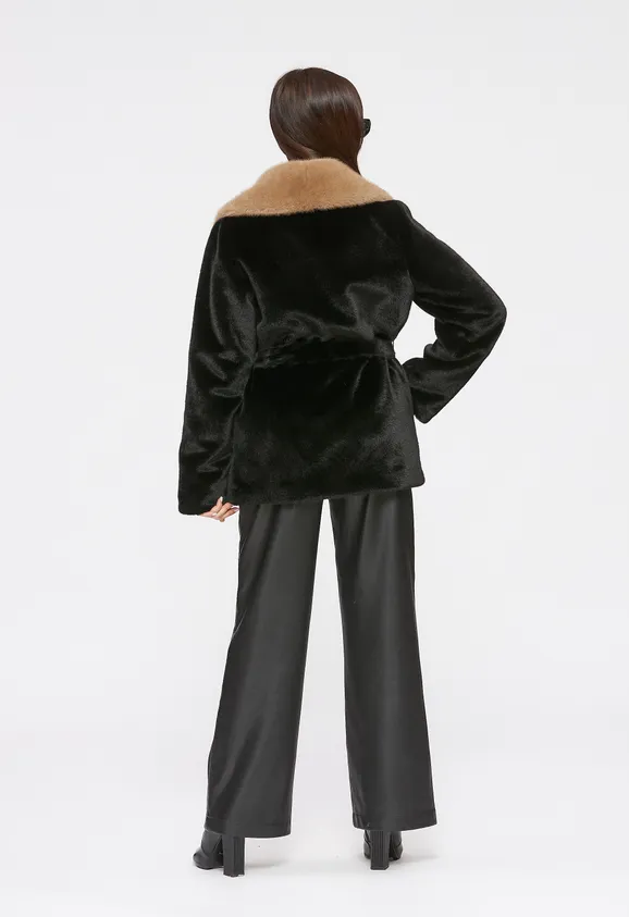 Фото Шуба из эко норки черная с английским воротником - 8