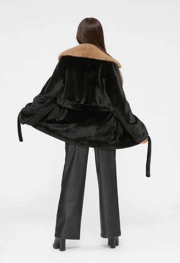 Фото Шуба из эко норки черная с английским воротником - 10