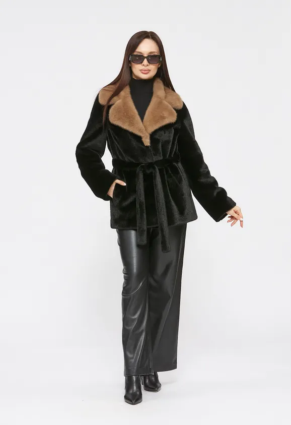 Фото Шуба из эко норки черная с английским воротником - 1