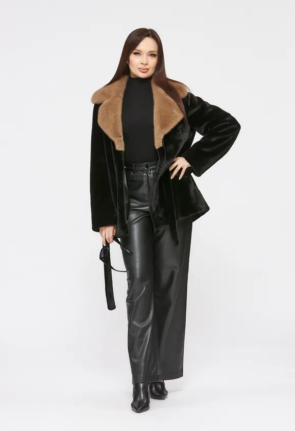 Фото Шуба из эко норки черная с английским воротником - 5