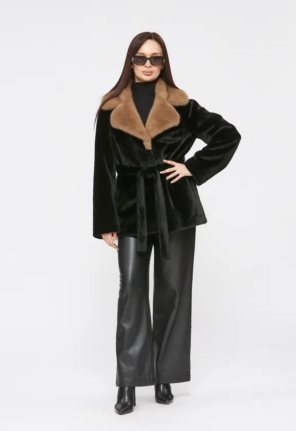 Фото Шуба из эко норки черная с английским воротником - 6
