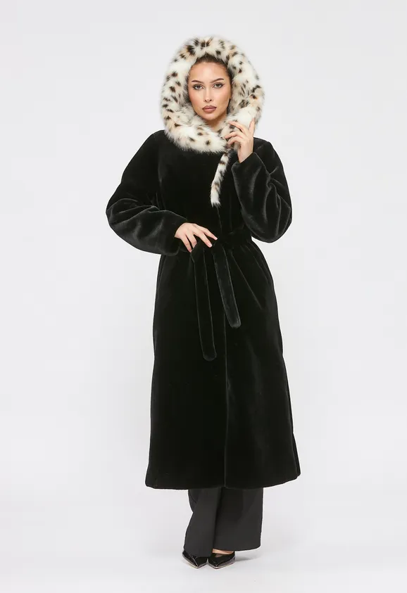 Фото Шуба из эко кролика черная с капюшоном из эко рыси - 7