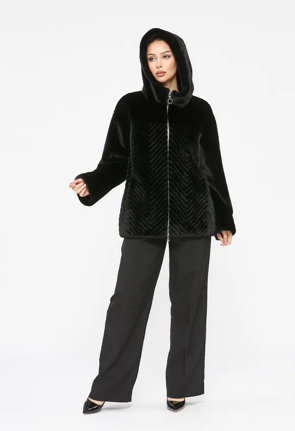 Фото Шуба из эко норки черная с капюшоном - 2