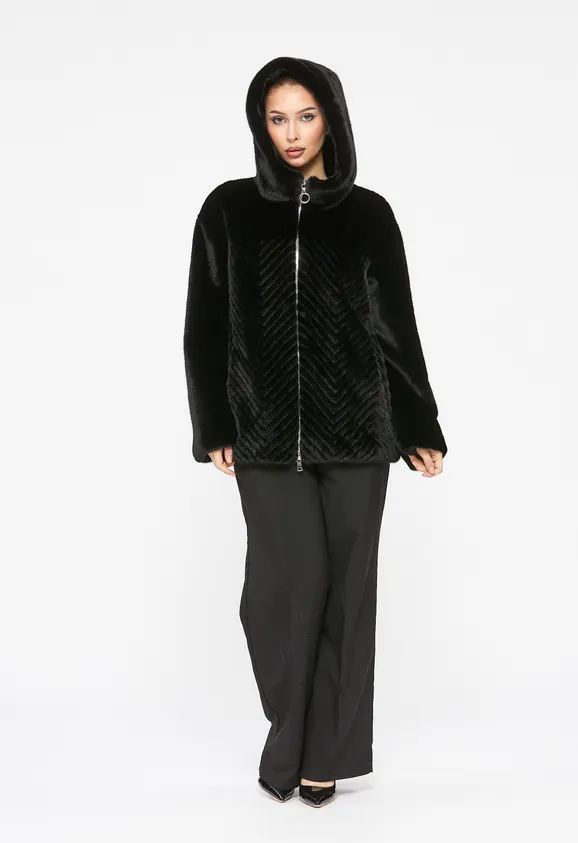 Фото Шуба из эко норки черная с капюшоном - 5