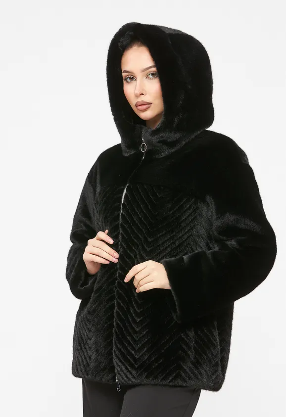 Фото Шуба из эко норки черная с капюшоном - 4