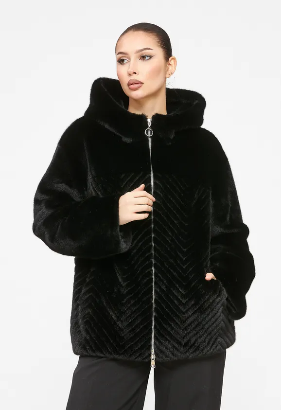 Фото Шуба из эко норки черная с капюшоном - 3