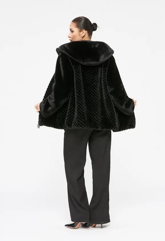Фото Шуба из эко норки черная с капюшоном - 7