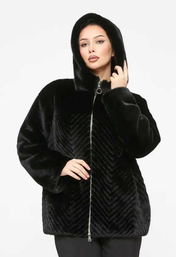 Фото Шуба из эко норки черная с капюшоном - 1