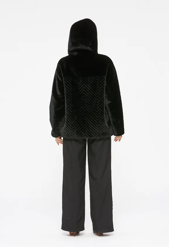 Фото Шуба из эко норки черная с капюшоном - 8