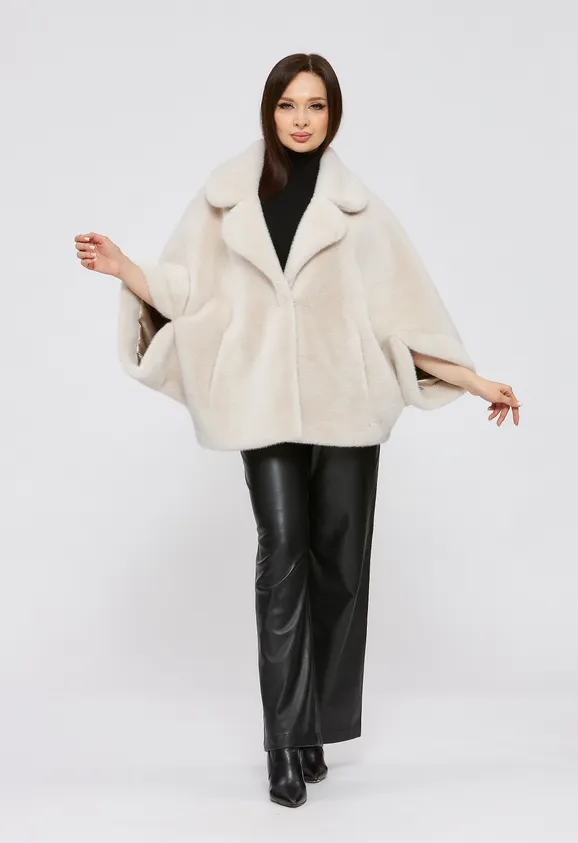 Фото Шуба из эко норки цвета жемчуг с воротником - 3